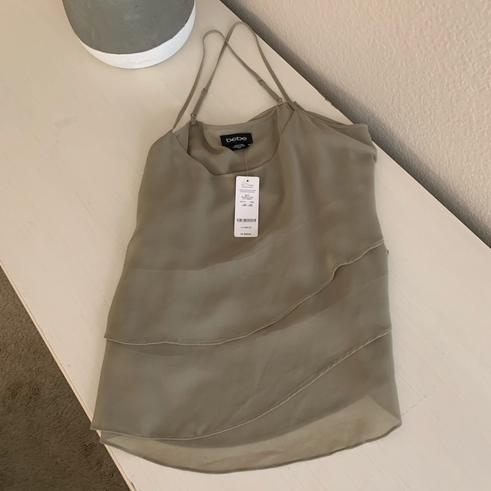 BEBE Tiered Asymmetrical Ruffle Cami in Sage- M